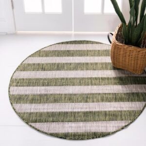 unique loom outdoor striped collection area rug - distressed stripe (6' 1" round green/gray)