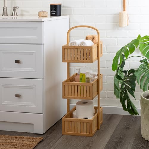 Organize It All 3 Tier Bamboo Stationary Caddy | Bathroom Organization | Multipurpose Storage Shelf Baskets | Eco-Friendly | Easy to Assemble