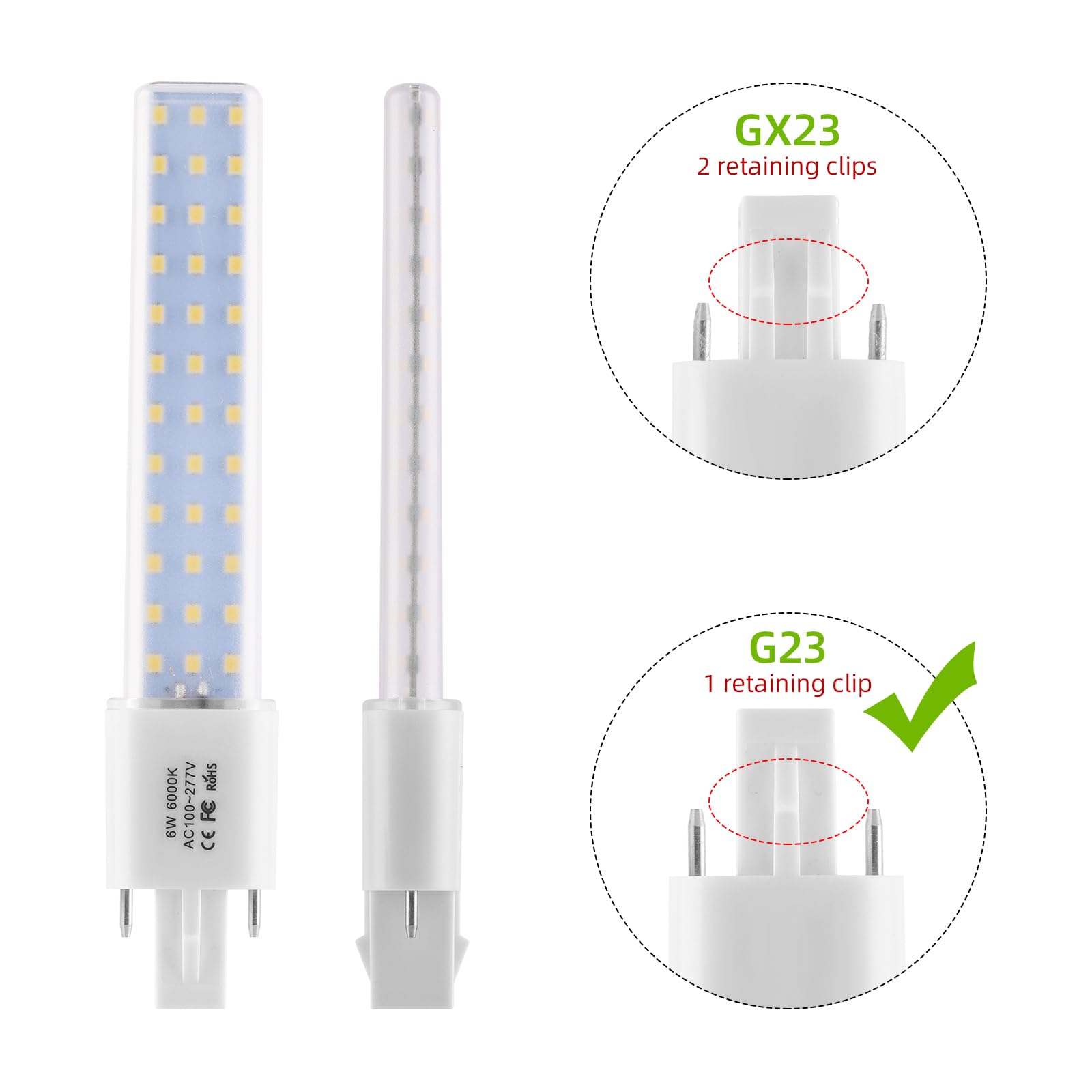 Lidesheng G23 LED Light Bulb 6W Plug and Play Replacement 13W CFL LED Stick PL Bulb G23-2 Pin Base, 360° Beam Angle Cool White 6000K, Driven by 100-277V and CFL Ballast, 2 Pack (G23 6W, Cool White)