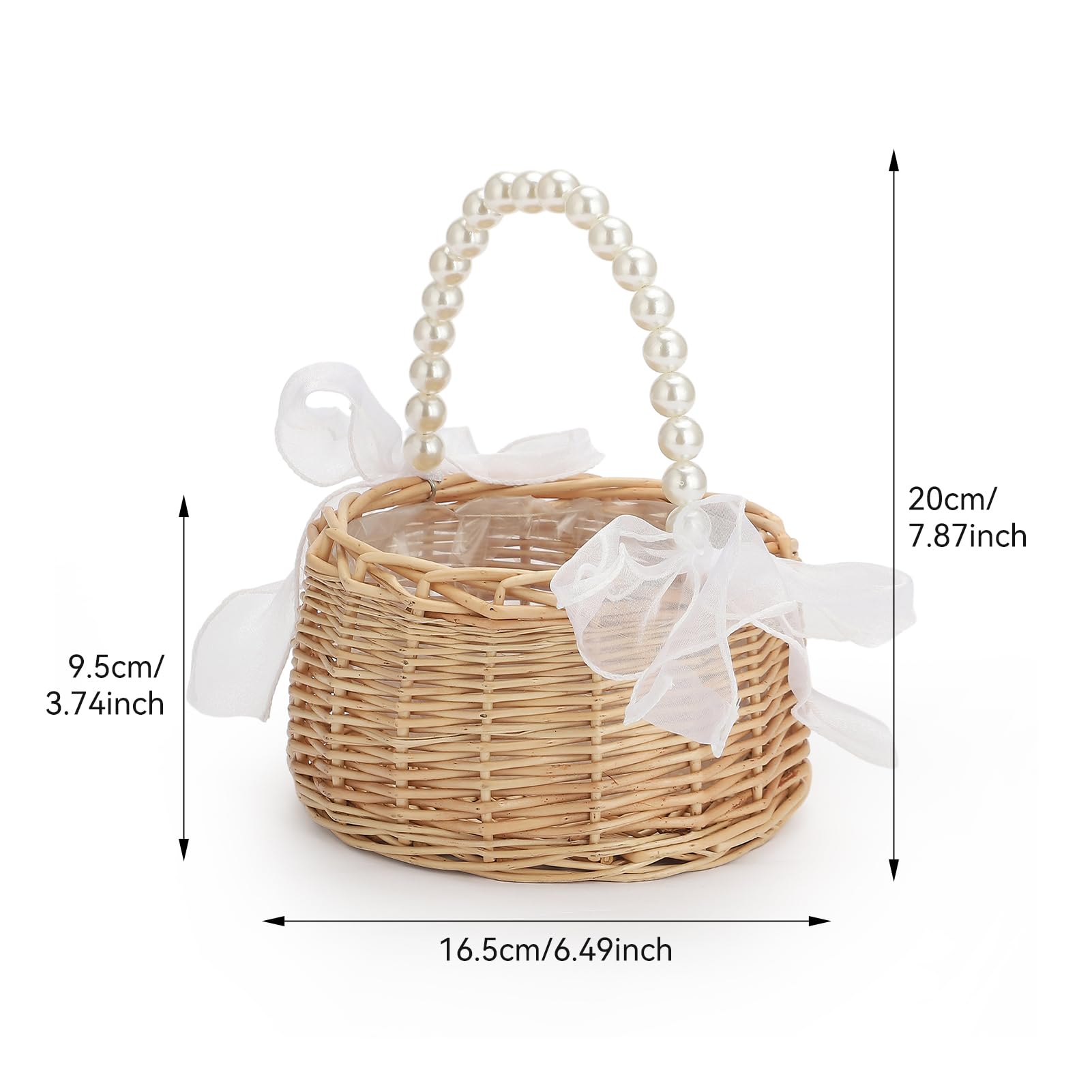 Flower Girl Basket Wicker Rattan Flower Girl Basket Wedding Flower Girl Basket with Pearl Handle and Bows Fairy Flower Basket Rattan Basket for Weddings Bridal Anniversary Party Decor