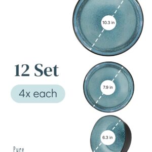 12 Piece Dinnerware Sets for 4 - Modern Style Stoneware Dinnerware Set - Scratch Resistant, Dishwasher Safe Plates and Bowls Sets Ceramic, Dish Set, Bowl and Plate Set - Black and Petrol Blue…