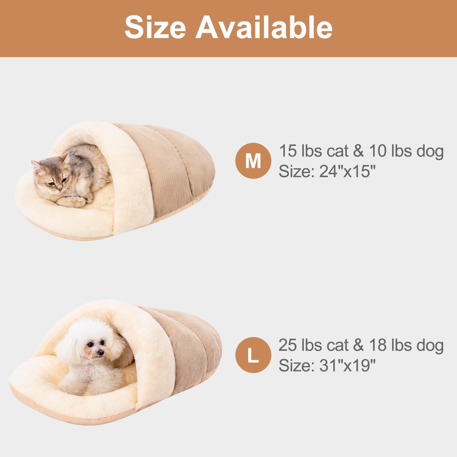 Jiupety Cat Bed Cave for Indoor Cats, Cute Slipper Cat Cave Bed, Washable Small Dog Cave Bed, Soft Plush Cat House Bed for Puppy and Kitten, Anti Slip Warm Pet House Nest, M 15lbs, Champagne.