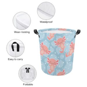 TsyTma Kawaii Axolotl Small Laundry Basket for Bedrooms Collapsible Round Laundry Hamper with Handles Round Toy Bin for Dirty Clothes,Kids Toys,Bathroom