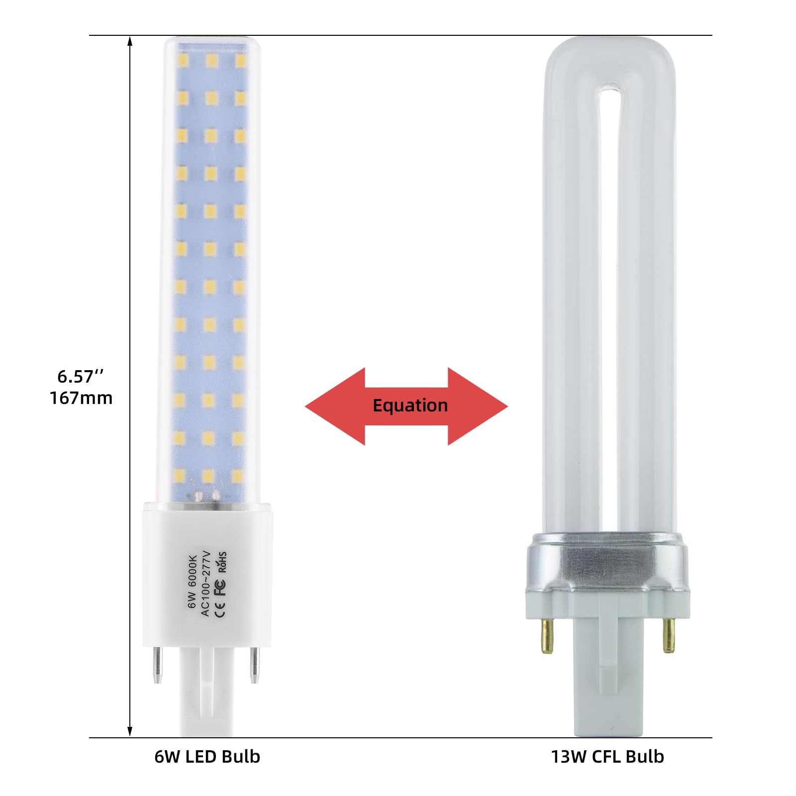 Lidesheng G23 LED Light Bulb 6W Plug and Play Replacement 13W CFL LED Stick PL Bulb G23-2 Pin Base, 360° Beam Angle Cool White 6000K, Driven by 100-277V and CFL Ballast, 2 Pack (G23 6W, Cool White)