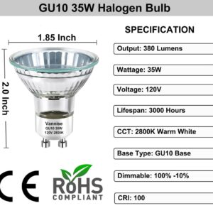 Vannise MR16 GU10 Bulb 35W, 6 Pack High Output GU10+C 120V 35W Bulb with GU10 Base, Long Lasting GU10 Halogen Bulb Warm White 2800K, GU10 Dimmable, GU10 120V 35W for Candle Warmer, Track Lighting