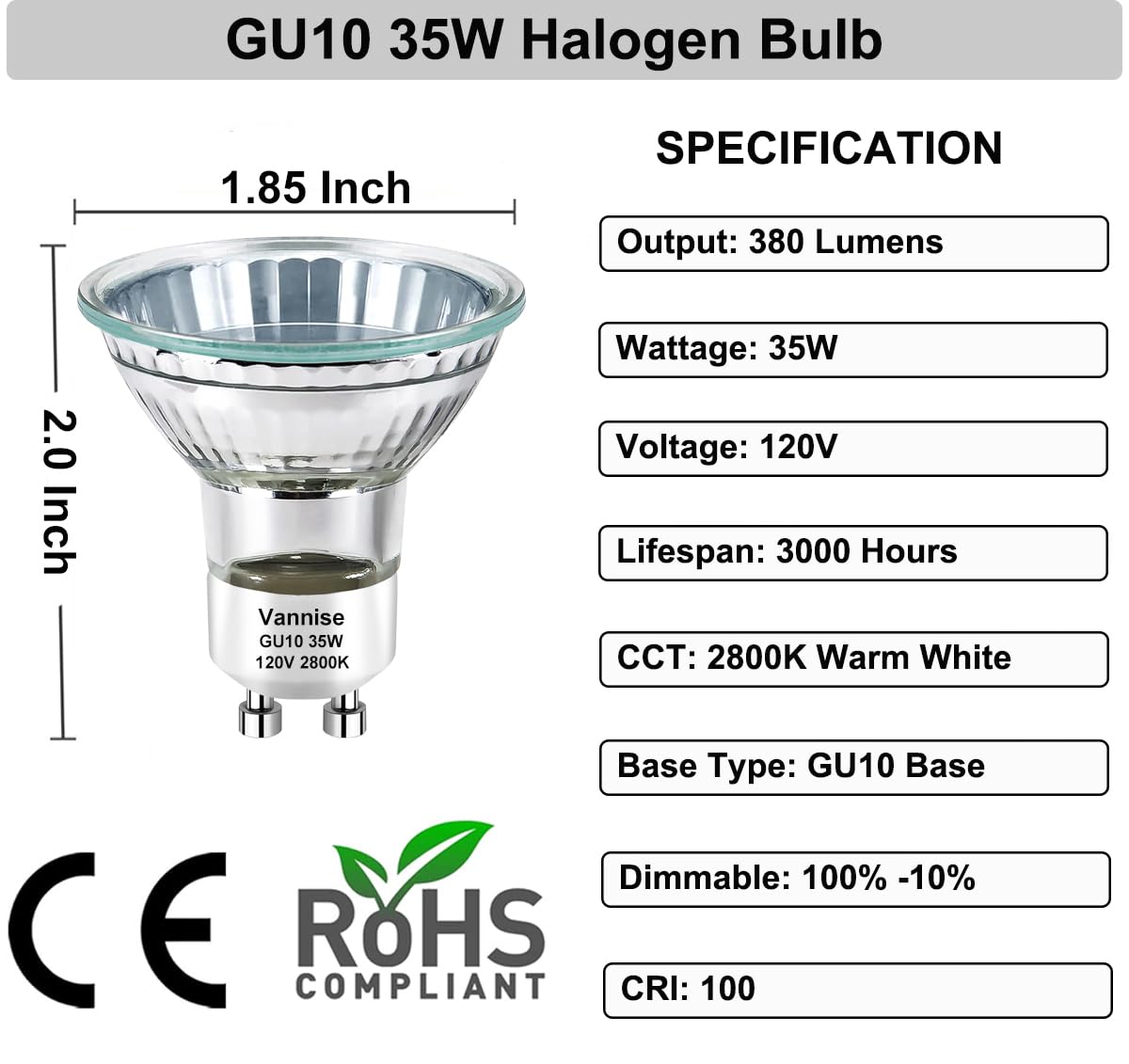 Vannise MR16 GU10 Bulb 35W, 6 Pack High Output GU10+C 120V 35W Bulb with GU10 Base, Long Lasting GU10 Halogen Bulb Warm White 2800K, GU10 Dimmable, GU10 120V 35W for Candle Warmer, Track Lighting