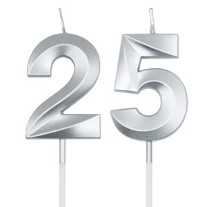 silver 25th & 52nd birthday candles for cakes, number 25 52 candle cake cupcake topper for birthday anniversary party decoration