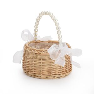 flower girl basket wicker rattan flower girl basket wedding flower girl basket with pearl handle and bows fairy flower basket rattan basket for weddings bridal anniversary party decor