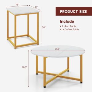 Giantex Round Nesting Table Set of 3, Modern Faux Marble Coffee Table w/2 End Tables, Sturdy Metal Frame, 3-Piece Wooden Living Room Table Set for Home Office, Apartment (White & Gold)