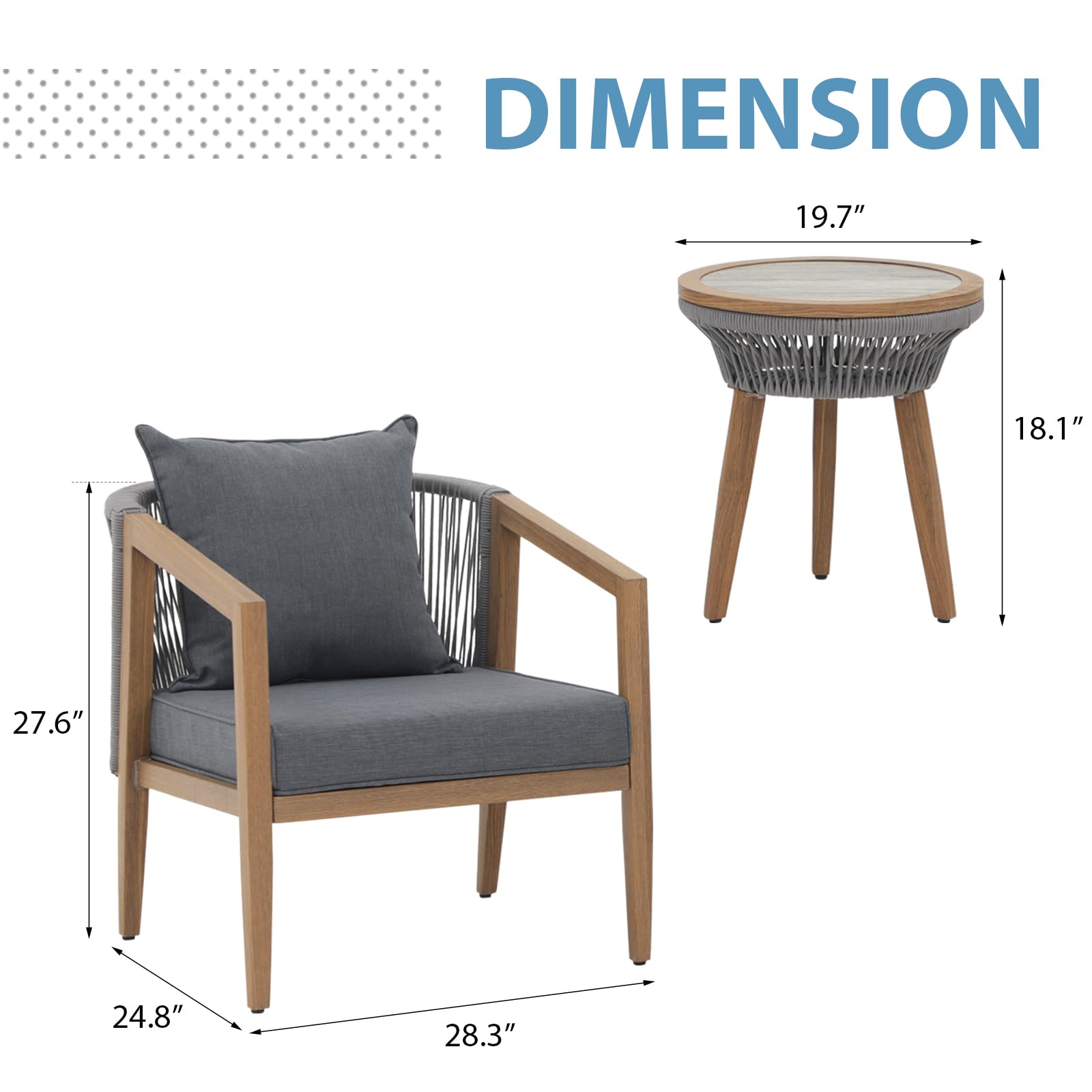 JOIVI Aluminum Outdoor Patio Furniture Set, 3 Pieces Outdoor Bistro Set with Wood Grain Finish, Rope Patio Sofa Set for 2 with Armchair and Side Table, for Deck, Backyard, Porch