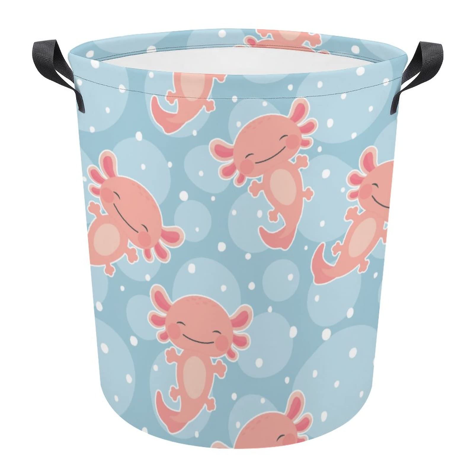 TsyTma Kawaii Axolotl Small Laundry Basket for Bedrooms Collapsible Round Laundry Hamper with Handles Round Toy Bin for Dirty Clothes,Kids Toys,Bathroom