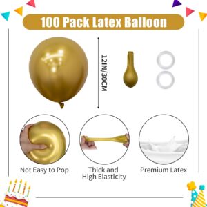 PatiCool Metallic Gold Balloons - 12 inch 100pcs Latex - Chrome Gold Balloons with 2 Ribbons, Golden Balloons for Birthday Party, Graduations, Wedding, Baby Shower Decorations