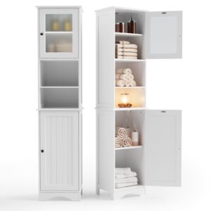 gizoon 67.1" tall bathroom storage cabinet with adjustable shelves, narrow tall linen tower with open shelves, two-way doors freestanding cabinet with anti-tip, for home, kitchen, living room, white