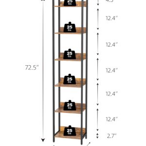 bresurv 6-Tier Bookshelf, Narrow Bookcase with Open Shelves, Talll Book Shelf Coner Shelf for Living Room, Bedroom, Home Office, Study, Bathroom,11.5 x 15.7 x 72.6 Inches, Rustic Brown and Black