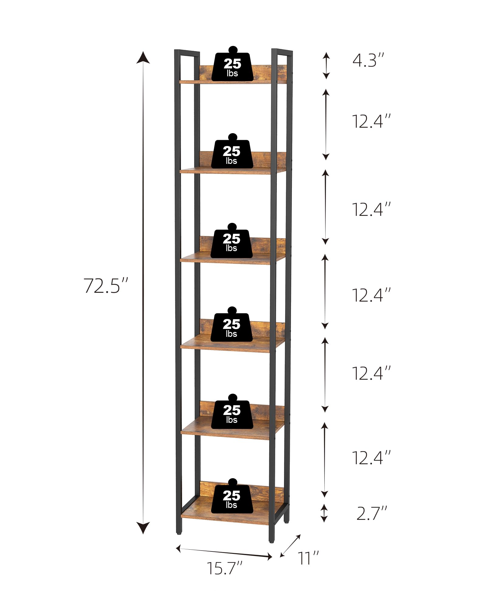 bresurv 6-Tier Bookshelf, Narrow Bookcase with Open Shelves, Talll Book Shelf Coner Shelf for Living Room, Bedroom, Home Office, Study, Bathroom,11.5 x 15.7 x 72.6 Inches, Rustic Brown and Black