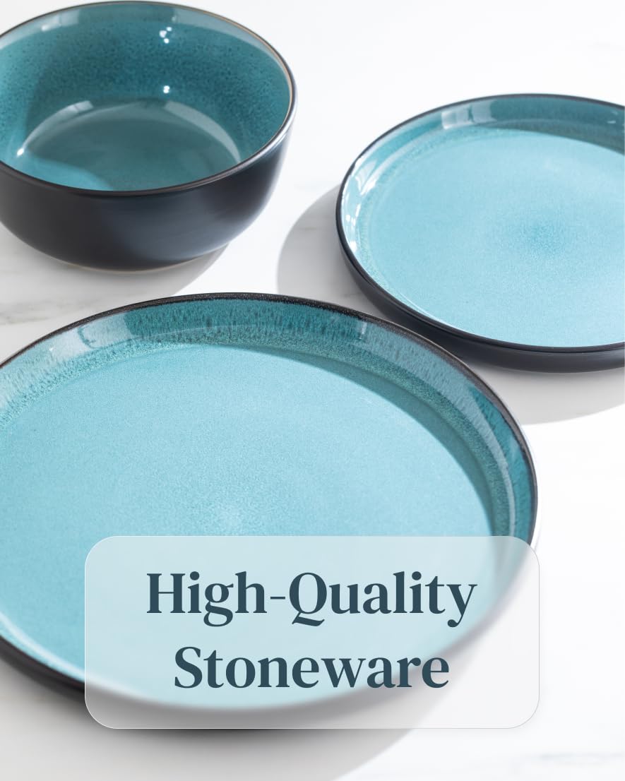 12 Piece Dinnerware Sets for 4 - Modern Style Stoneware Dinnerware Set - Scratch Resistant, Dishwasher Safe Plates and Bowls Sets Ceramic, Dish Set, Bowl and Plate Set - Black and Petrol Blue…