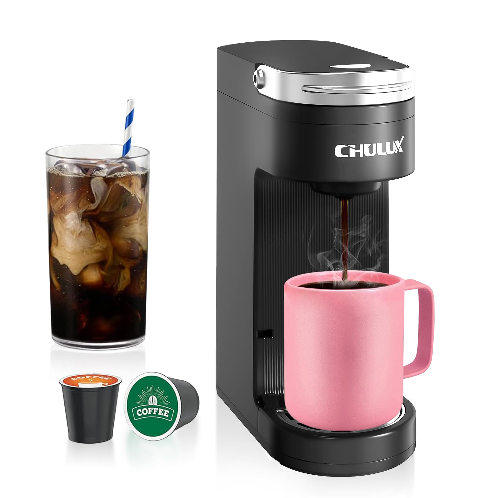 CHULUX Slim Single Serve Coffee Maker for K Cup Pods & Ground Coffee, One Cup Coffee Maker Fits 7.3" Travel Mugs, Coffee Machine with 6 to 12oz Brew Sizes