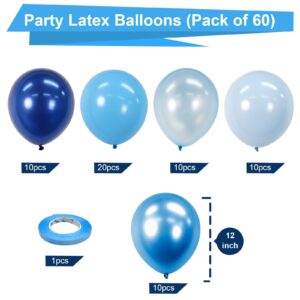 Bezente Blue Balloons Set,60pcs 12 inch Metallic Blue Pearl Blue Navy Blue Pastel Blue Latex Balloons Kit for Birthday,Baby Shower,Wedding,Graduation Party Decorations