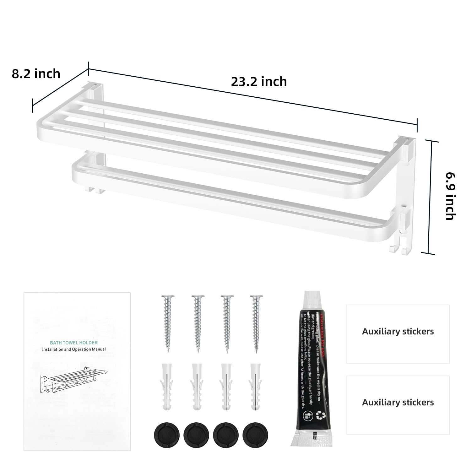 Foldable Towel Rack, Wall Mounted with 2 Bars and Hooks, 23.6" (White)