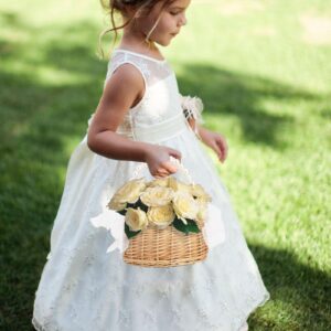 Flower Girl Basket Wicker Rattan Flower Girl Basket Wedding Flower Girl Basket with Pearl Handle and Bows Fairy Flower Basket Rattan Basket for Weddings Bridal Anniversary Party Decor