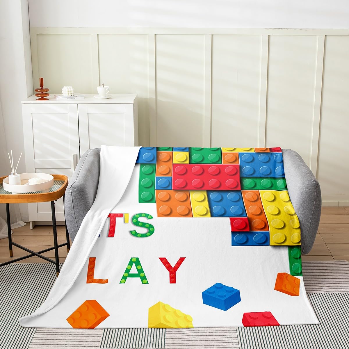 Feelyou Building Block Print Plush Throw Blanket, Throw 50"x60" Kids Brick Styles Flannel Fleece Blanket for Sofa Couch Colorful All Season,Bed Blanket Gaming