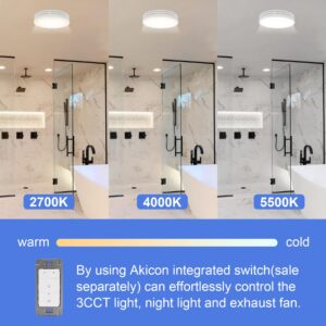 Akicon Bathroom Exhaust Fan with Light, 110CFM, 2.0 Sones Bathroom Fan for Ceiling, 1000lm Dimmable LED Light and 150lm Nightlight Dual Color Bathroom Vent Fan for Bathroom and Home, Round, White