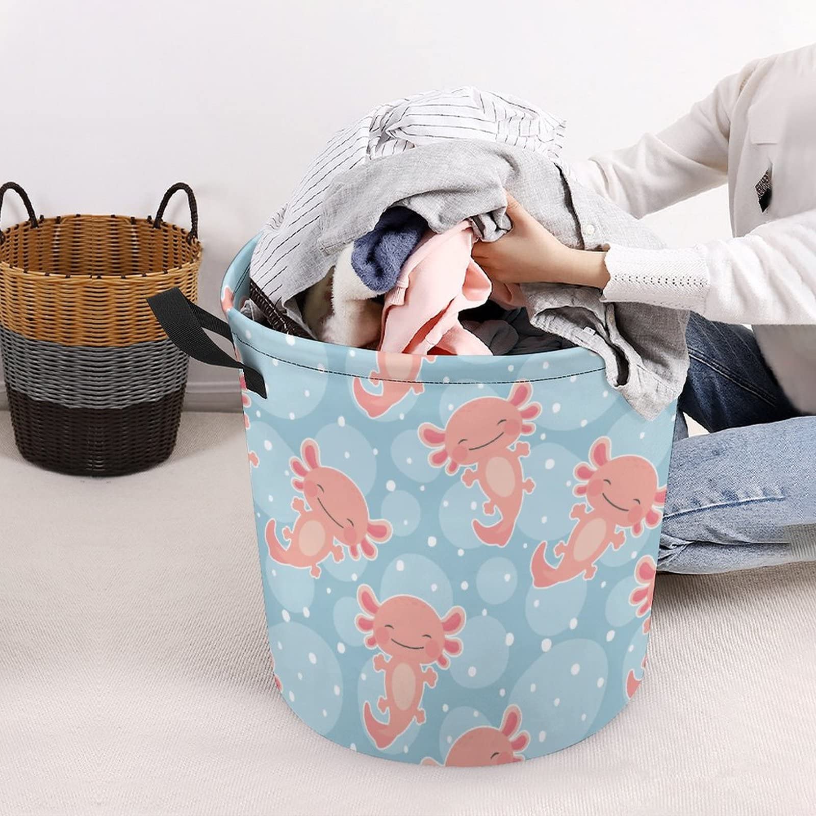 TsyTma Kawaii Axolotl Small Laundry Basket for Bedrooms Collapsible Round Laundry Hamper with Handles Round Toy Bin for Dirty Clothes,Kids Toys,Bathroom