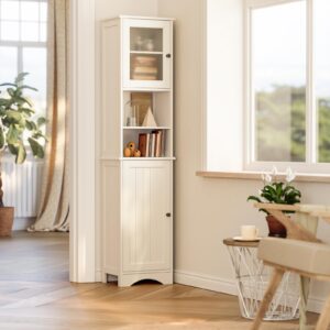 Gizoon 67.1" Tall Bathroom Storage Cabinet with Adjustable Shelves, Narrow Tall Linen Tower with Open Shelves, Two-Way Doors Freestanding Cabinet with Anti-Tip, for Home, Kitchen, Living Room, White