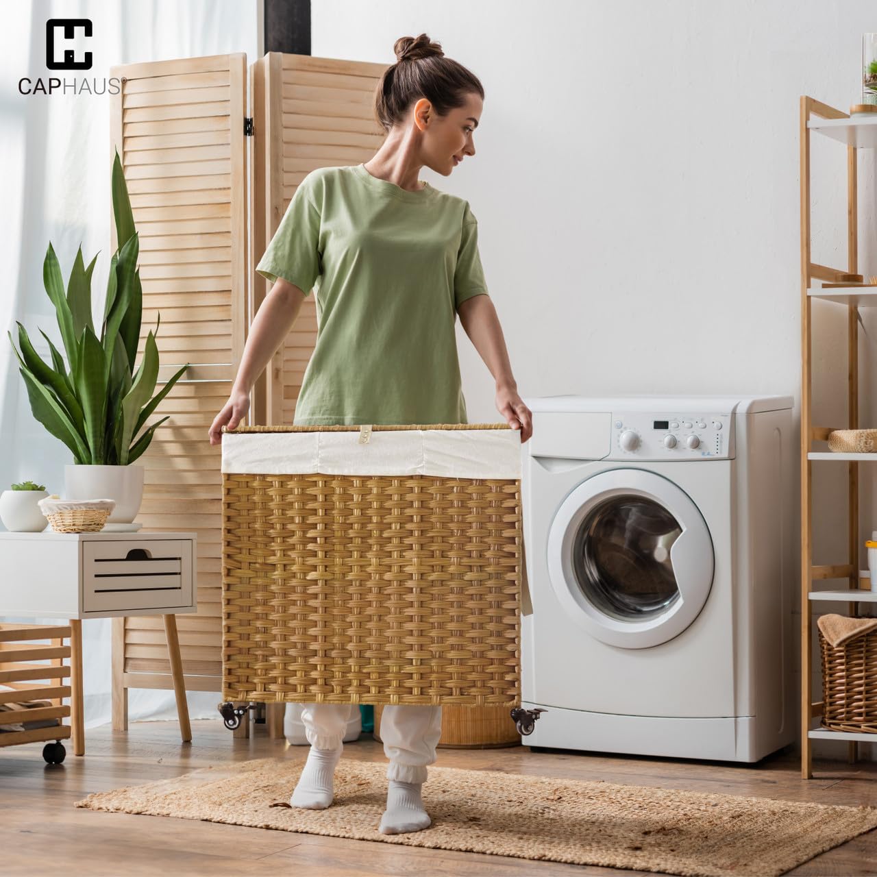 CAPHAUS Laundry Basket w/Wheels, Synthetic Rattan Laundry Hamper w/Lid, Removable Liner Bags, Mesh Bags, Pulling Strap, Clothes Hamper for Laundry, Basket w/Lid for Storage, 140L, Natural