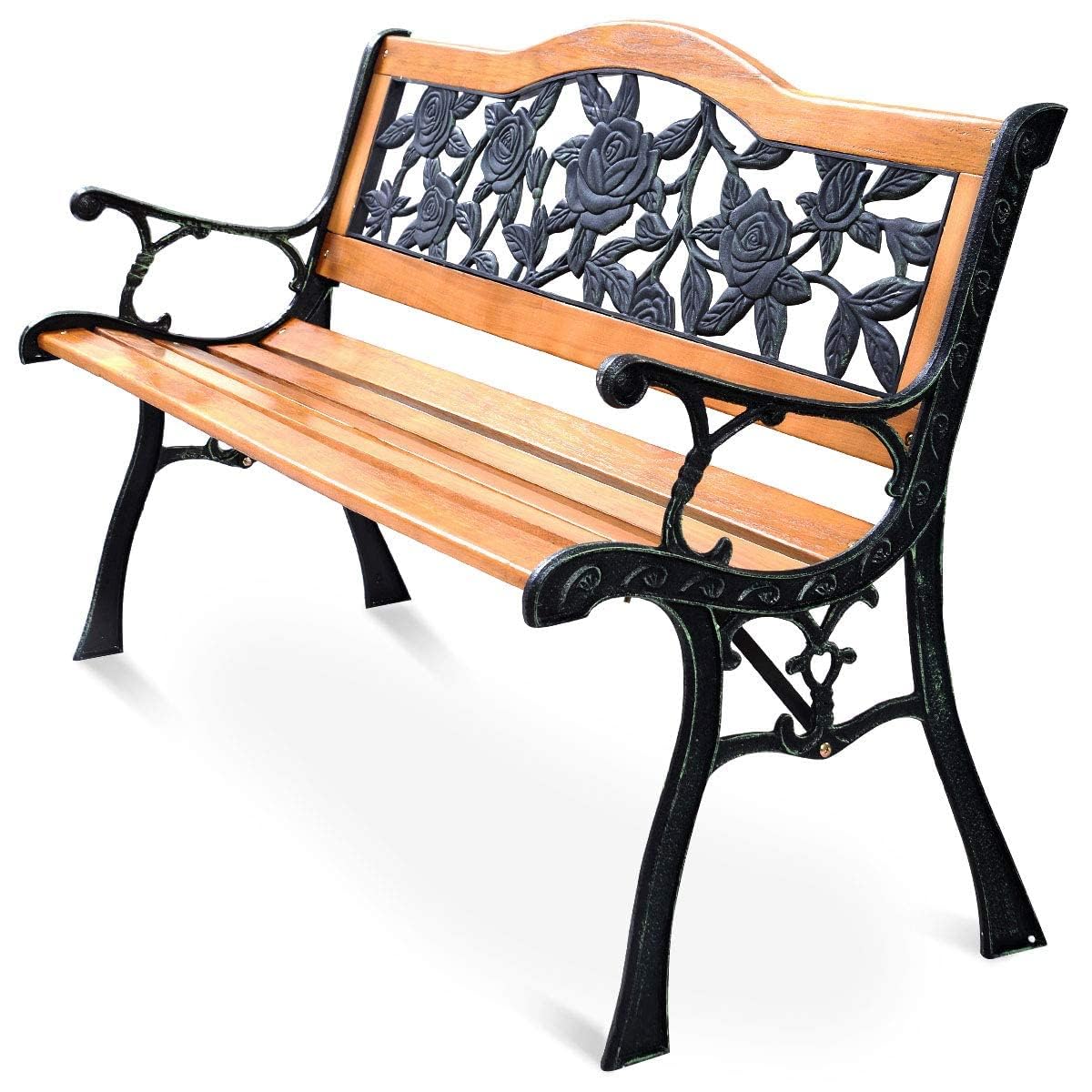 HAPPYGRILL Outdoor Garden Bench, Patio Park Bench with Cast Iron & Hardwood Structure, 50" Porch Loveseat Outdoor Furniture Path Chair