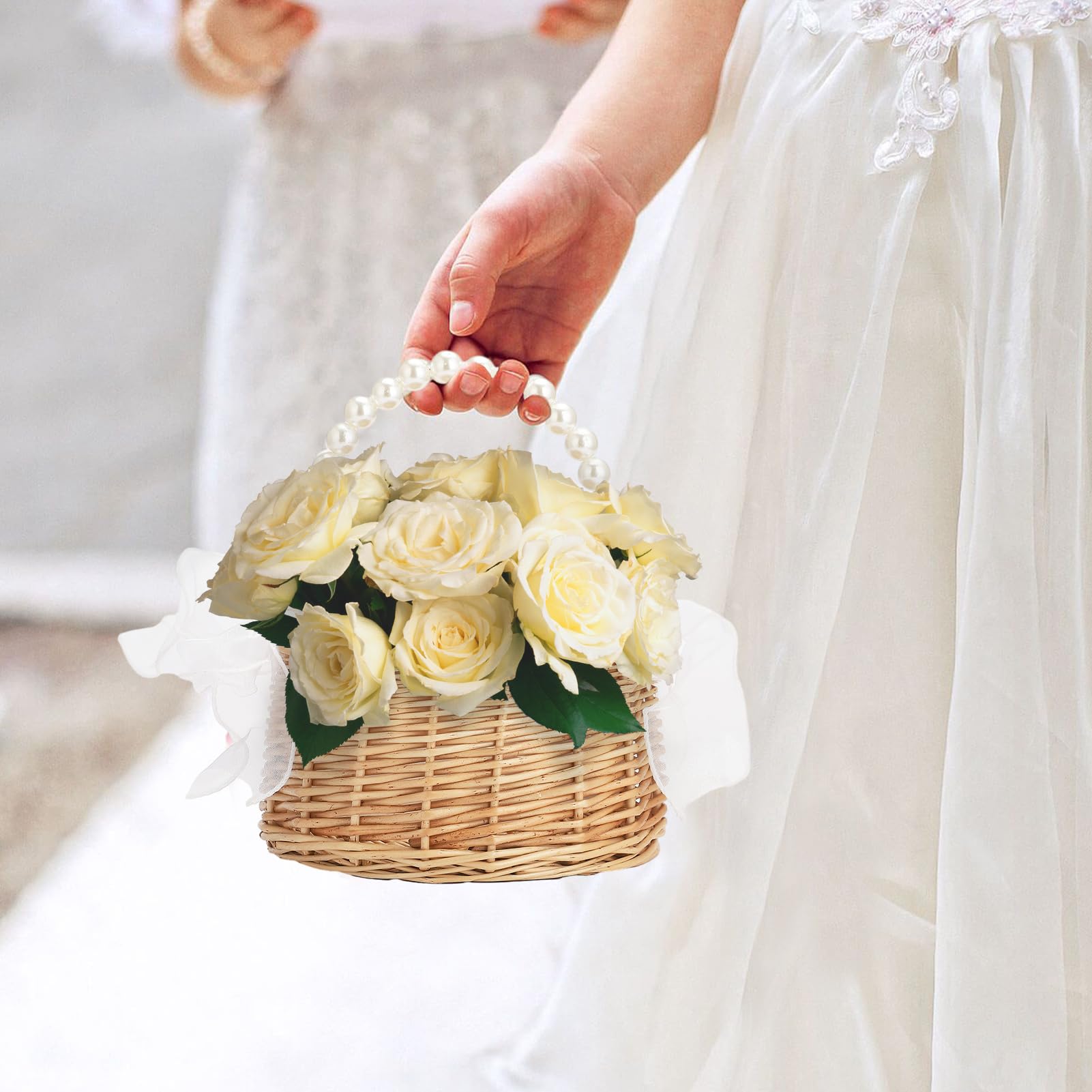 Flower Girl Basket Wicker Rattan Flower Girl Basket Wedding Flower Girl Basket with Pearl Handle and Bows Fairy Flower Basket Rattan Basket for Weddings Bridal Anniversary Party Decor