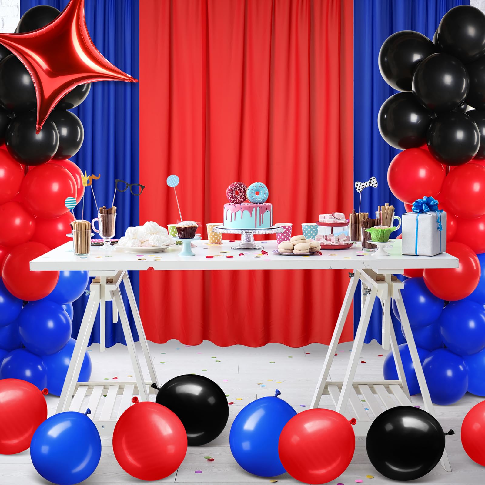 SmoothNovelty 57 Pcs Red Blue Black Party Decorations 2 Royal Blue and 1 Red Chiffon Backdrop Curtain 54 Pcs Black Red and Blue Balloons Arch Garland Kit for Birthday Graduation Party Decorations