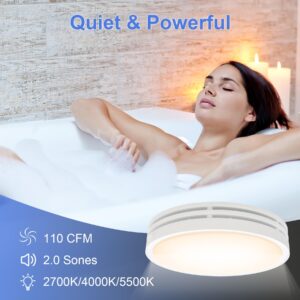 Akicon Bathroom Exhaust Fan with Light, 110CFM, 2.0 Sones Bathroom Fan for Ceiling, 1000lm Dimmable LED Light and 150lm Nightlight Dual Color Bathroom Vent Fan for Bathroom and Home, Round, White