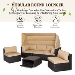 LEISU 6-Piece Outdoor Patio Rattan Daybed Furniture Set with Retractable Canopy, Adjustable Backrest,Holiday Sectional Chaise Longue Sofa Set for Backyard Poolside Garden (Khaki)