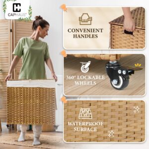 CAPHAUS Laundry Basket w/Wheels, Synthetic Rattan Laundry Hamper w/Lid, Removable Liner Bags, Mesh Bags, Pulling Strap, Clothes Hamper for Laundry, Basket w/Lid for Storage, 140L, Natural