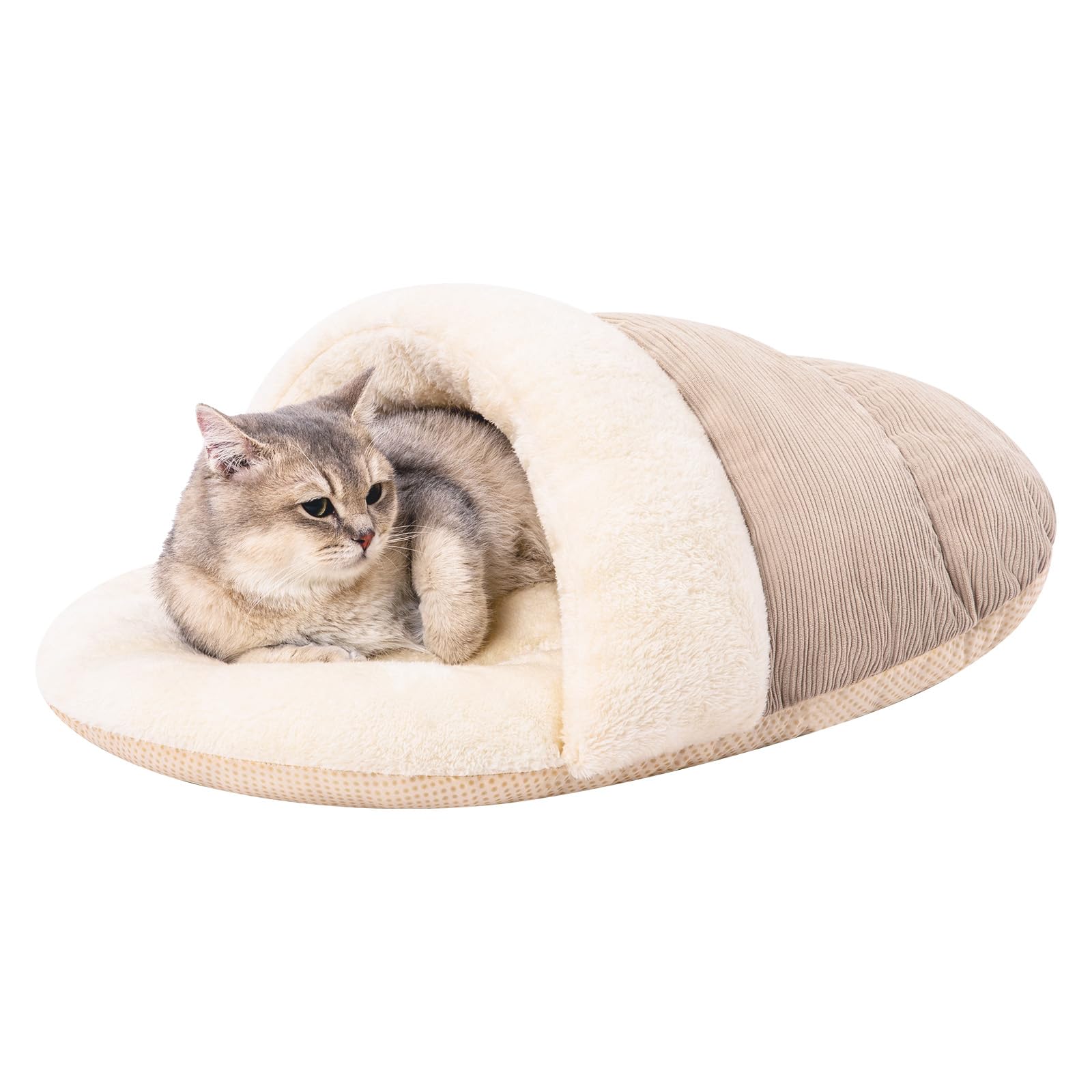 Jiupety Cat Bed Cave for Indoor Cats, Cute Slipper Cat Cave Bed, Washable Small Dog Cave Bed, Soft Plush Cat House Bed for Puppy and Kitten, Anti Slip Warm Pet House Nest, M 15lbs, Champagne.