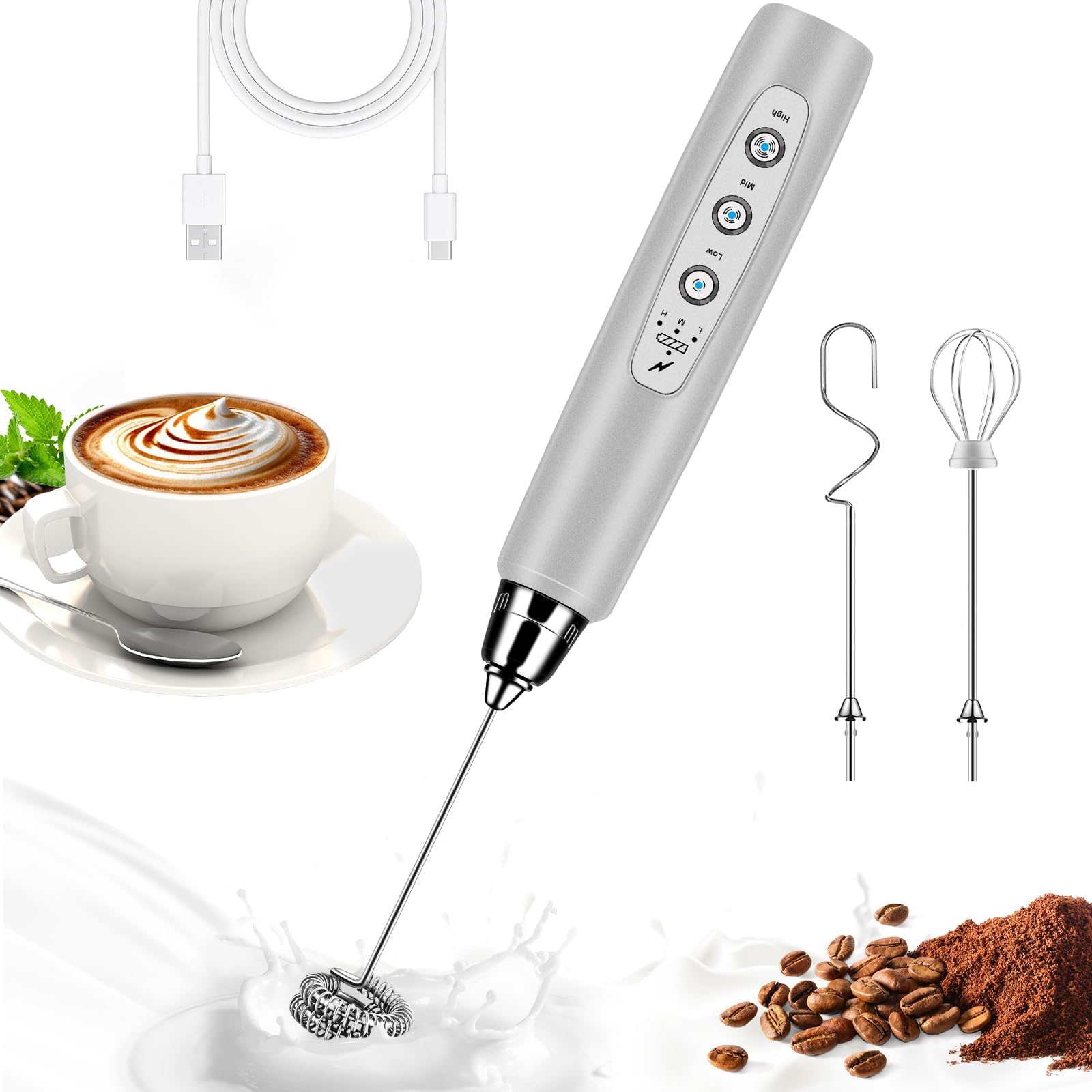 BSRGMS Milk Frother Handheld for Coffee, Electric Whisk 3 Speed Adjustable, Drink Mixer with Stainless 3 Whisks, Rechargeable Hand Frother Wand, Foam Maker for Latte Cappuccino Matcha Egg Silver