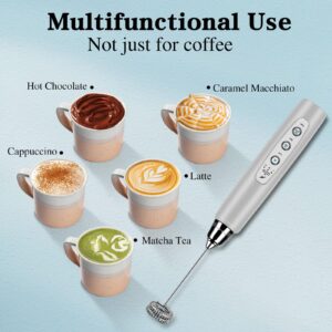 BSRGMS Milk Frother Handheld for Coffee, Electric Whisk 3 Speed Adjustable, Drink Mixer with Stainless 3 Whisks, Rechargeable Hand Frother Wand, Foam Maker for Latte Cappuccino Matcha Egg Silver