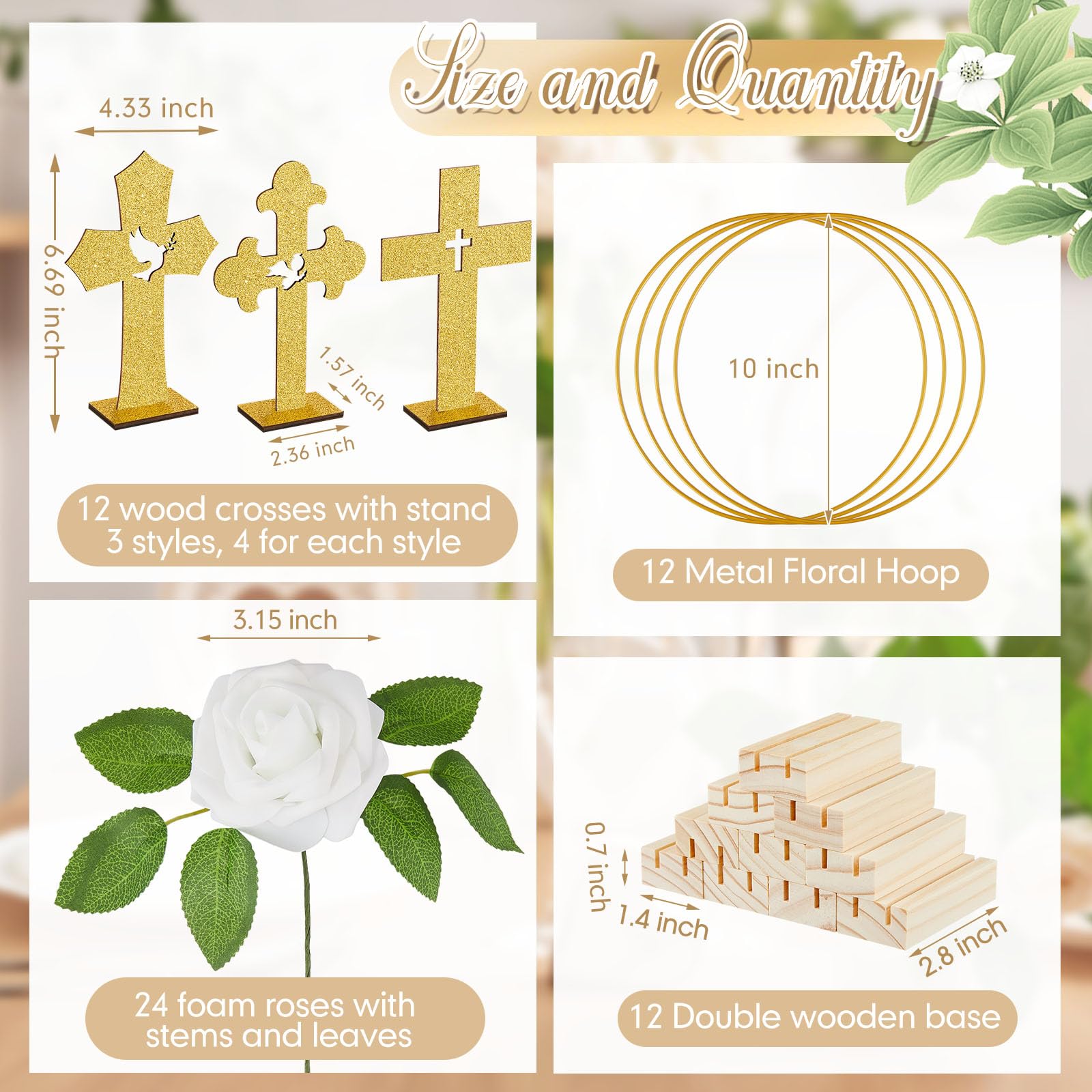 Wesiti 48 Pcs Baptism Centerpiece Decoration for Table 12 Wood Cross 12 Metal Floral Hoop Centerpiece with Stand 24 Foam Rose with Stem for Baptism Baby Shower Wedding(Gold and White,Stylish)