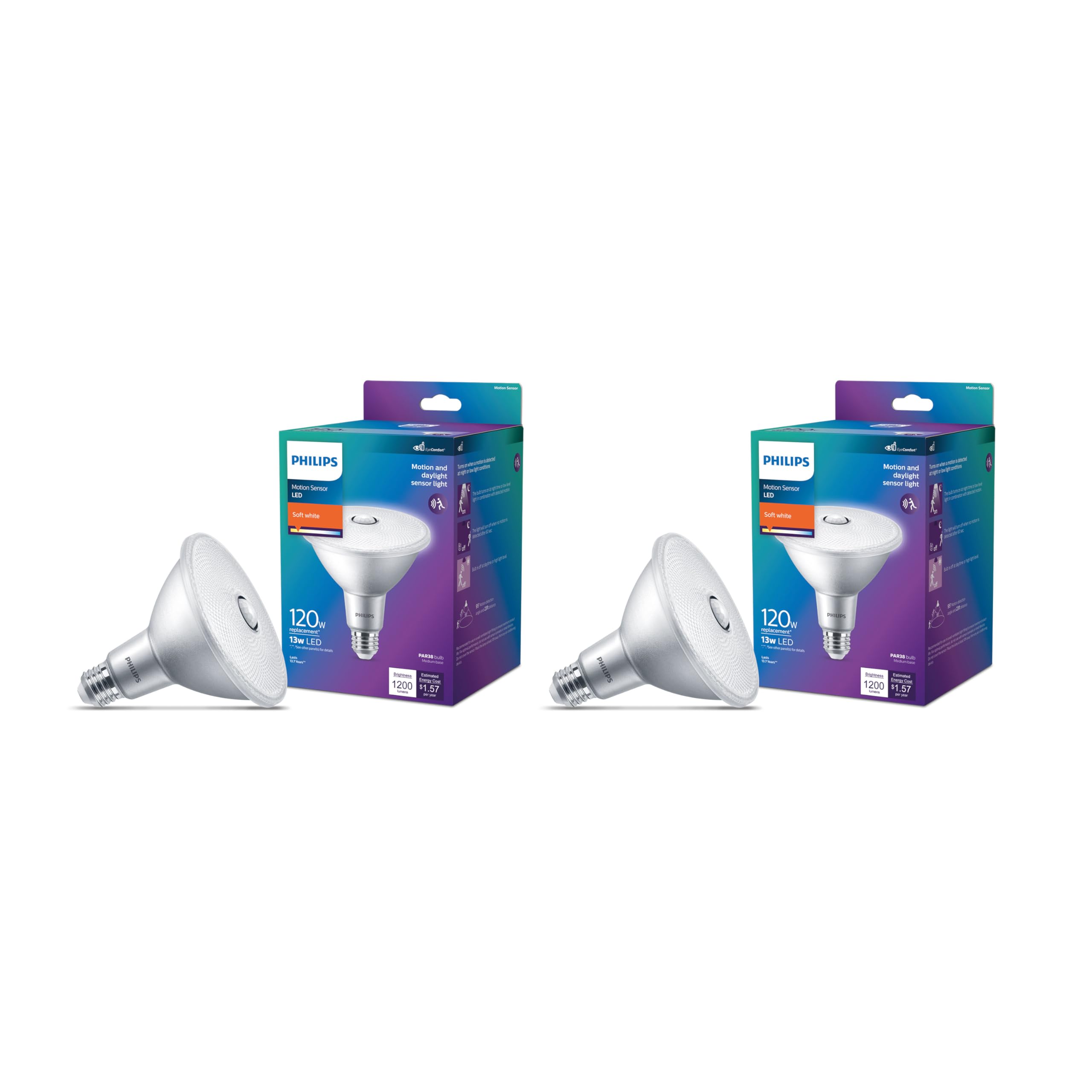 PHILIPS PAR38 Motion Sense LED Light Bulb - Flicker-Free Frosted Non-Dimmable Bulb with EyeComfort Technology - 120W Light Bulb with E26 Base - 2 Pack