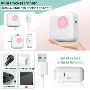 Mini Printer Portable, Inkless Sticker printer with 8 Rolls Paper, Bluetooth Wireless mini thermal printer, Print Pod Compatible with iOS + Android for Journal, Memo, Photo, DIY, Work, Gifts (Pink)