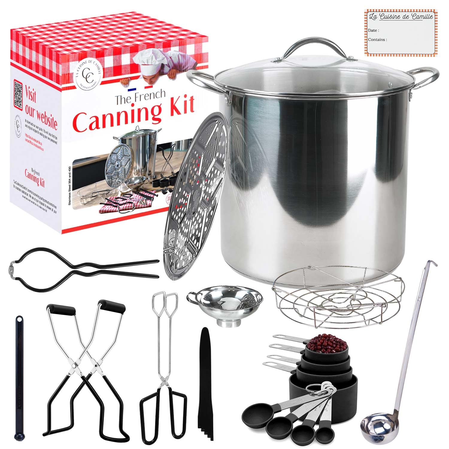 Canning pot with rack and lid - Water bath canner for canning - Complete premium canning kit with large Pot 21.5 Qt in stainless steel 304 - The French canning kit by La Cuisine de Camille