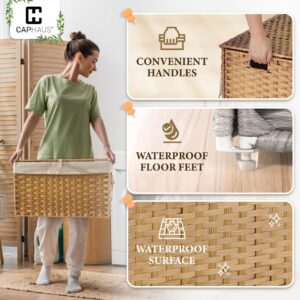 CAPHAUS Handwoven Storage Basket w/Lid and Handles, 2 Removable Liner Bags, Foldable Clothes Basket for Laundry, Large Synthetic Rattan Laundry Basket w/Lid, Laundry Basket w/Lid, 160L, Brown