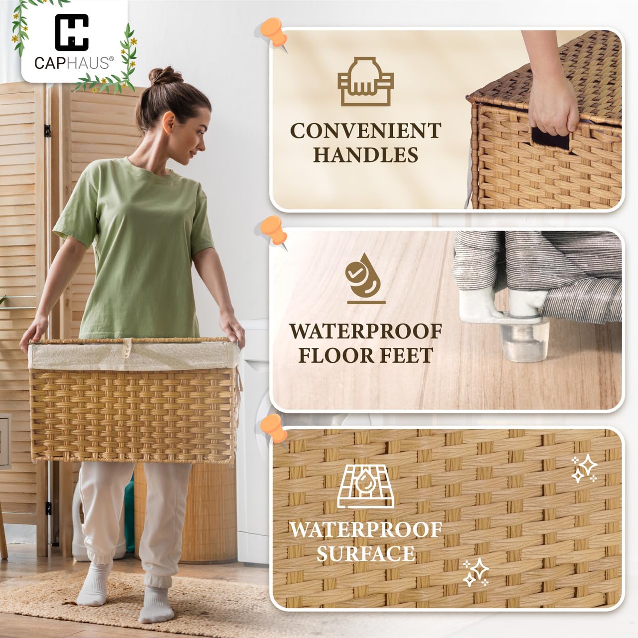 CAPHAUS Handwoven Storage Basket w/Lid and Handles, 2 Removable Liner Bags, Foldable Clothes Basket for Laundry, Large Synthetic Rattan Laundry Basket w/Lid, Laundry Basket w/Lid, 160L, Brown