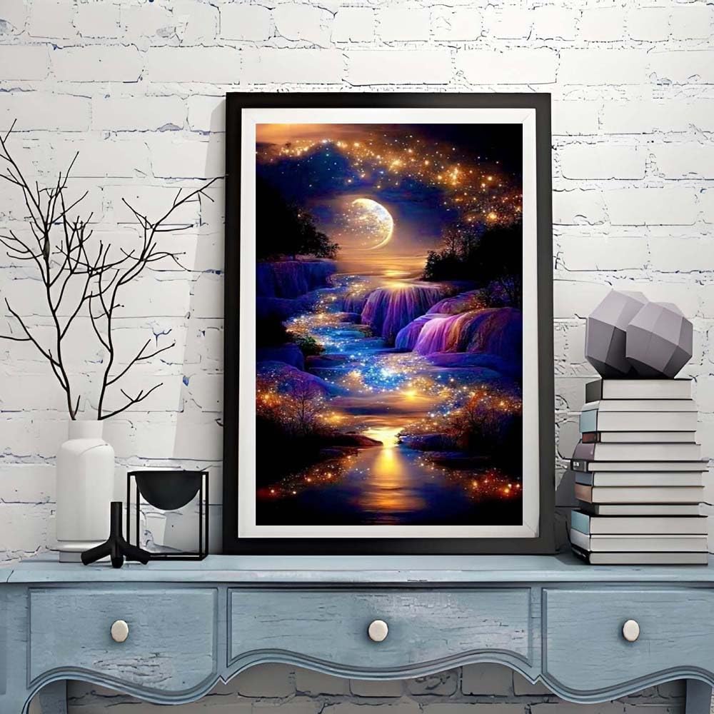 Waterfall Landscape Diamond Art Kits For Adults,DIY Moonlight Diamond Painting Kits For Adults Beginners,5D Full Drill Diamond Dots With Diamond Gem Art And Crafts For Home Wall Decor 12x16inch