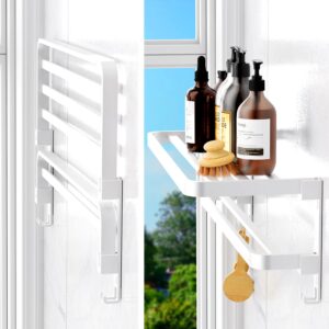 Foldable Towel Rack, Wall Mounted with 2 Bars and Hooks, 23.6" (White)