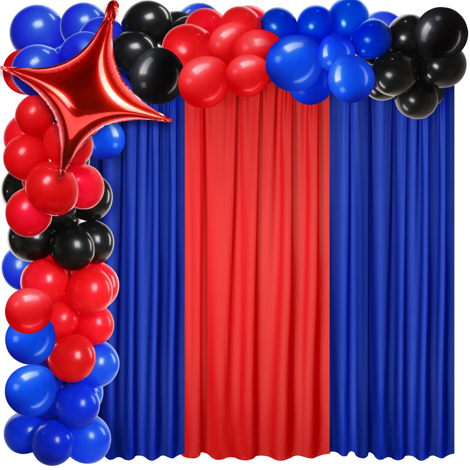 SmoothNovelty 57 Pcs Red Blue Black Party Decorations 2 Royal Blue and 1 Red Chiffon Backdrop Curtain 54 Pcs Black Red and Blue Balloons Arch Garland Kit for Birthday Graduation Party Decorations