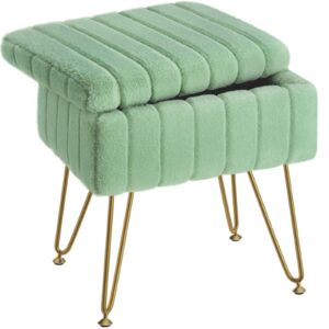 greenstell vanity stool chair faux fur with storage, 15.7"l x 11.8"w x 19.4"h soft ottoman 4 metal legs with anti-slip feet, furry padded seat, modern multifunctional chairs for makeup, bedroom,green