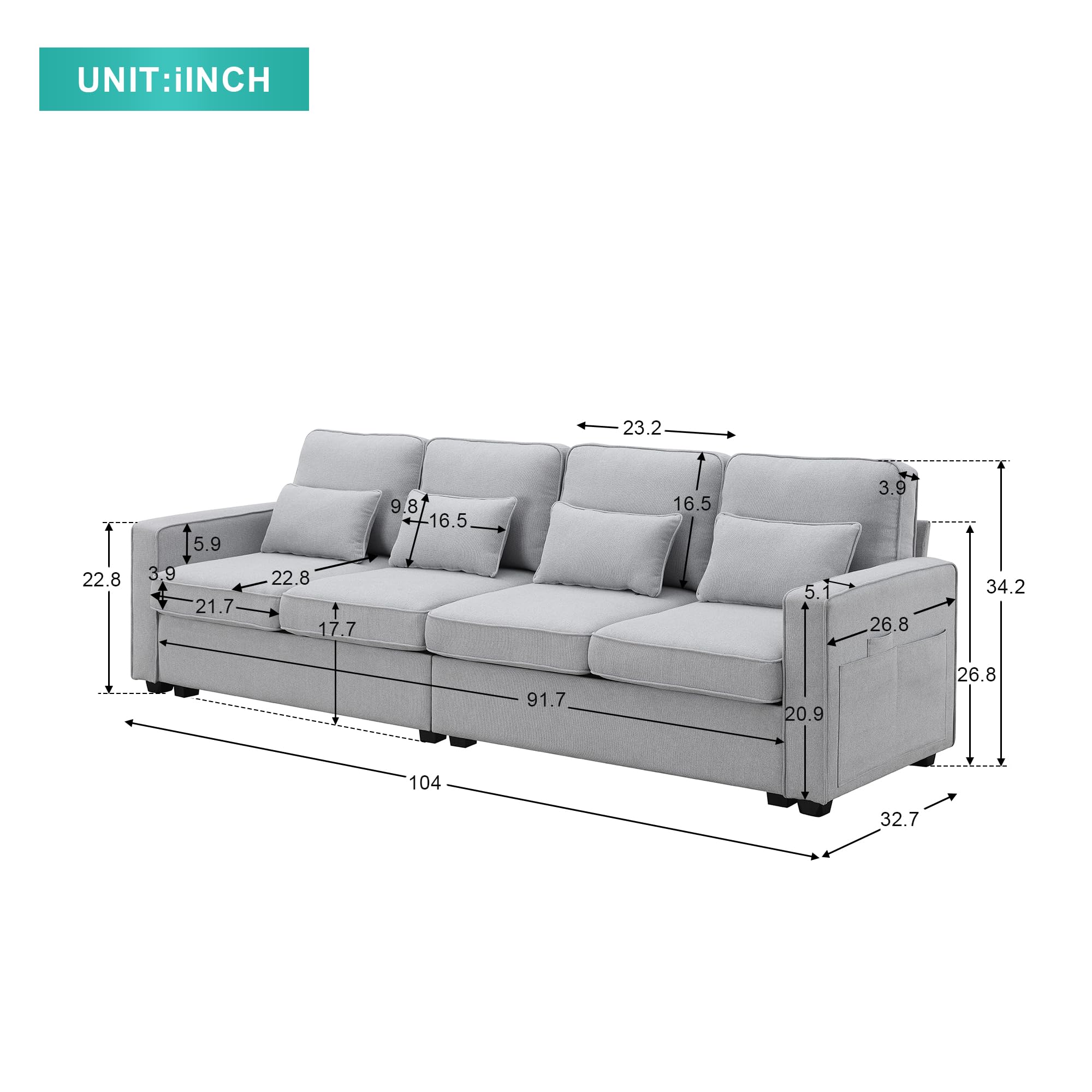 Favfurish 104" 4-Seater Modern Linen Fabric Sofa with Armrest Pockets,Minimalist Style Wood Frame Couch,w/ 4 Pillows,for Living Room,Apartment,Office,Light Grey