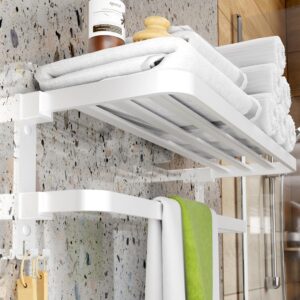 foldable towel rack, wall mounted with 2 bars and hooks, 23.6" (white)